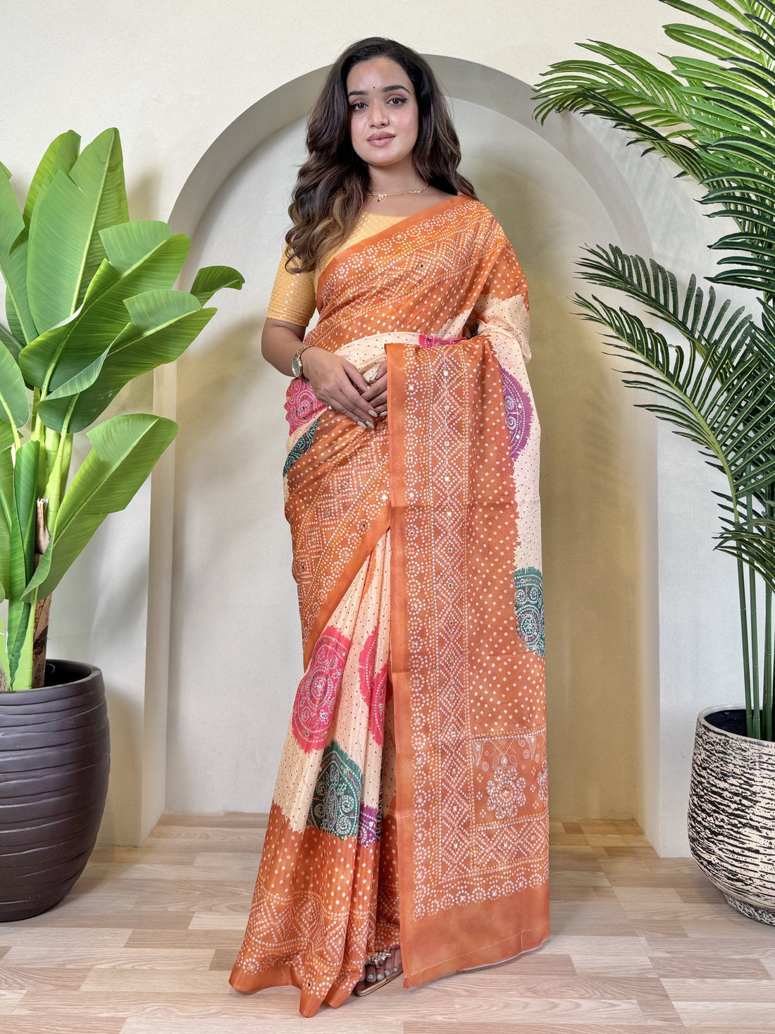 Fabulous Orange Bandhni Printed Tissue Silk Party Wear Saree With Blouse