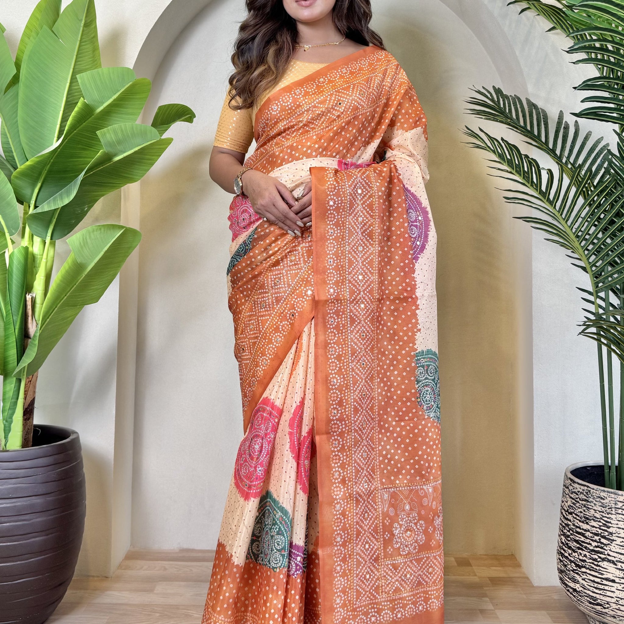 Fabulous Orange Bandhni Printed Tissue Silk Party Wear Saree With Blouse