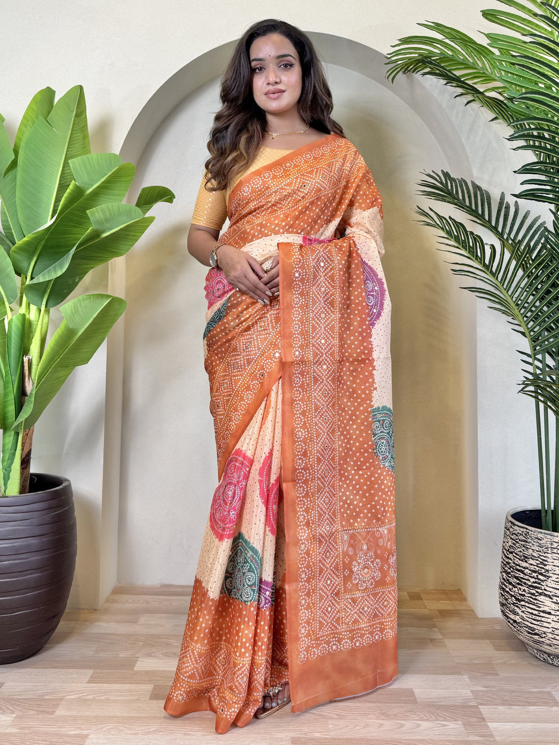 Fabulous Orange Bandhni Printed Tissue Silk Party Wear Saree With Blouse