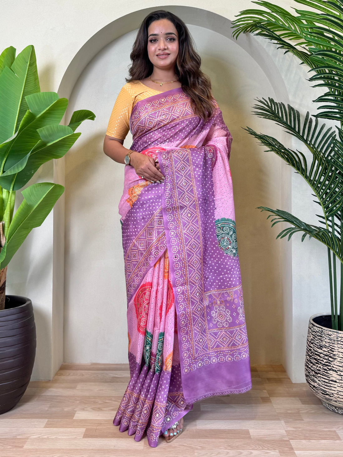 Awesome Lavender Bandhni Printed Tissue Silk Saree With Yellow Blouse