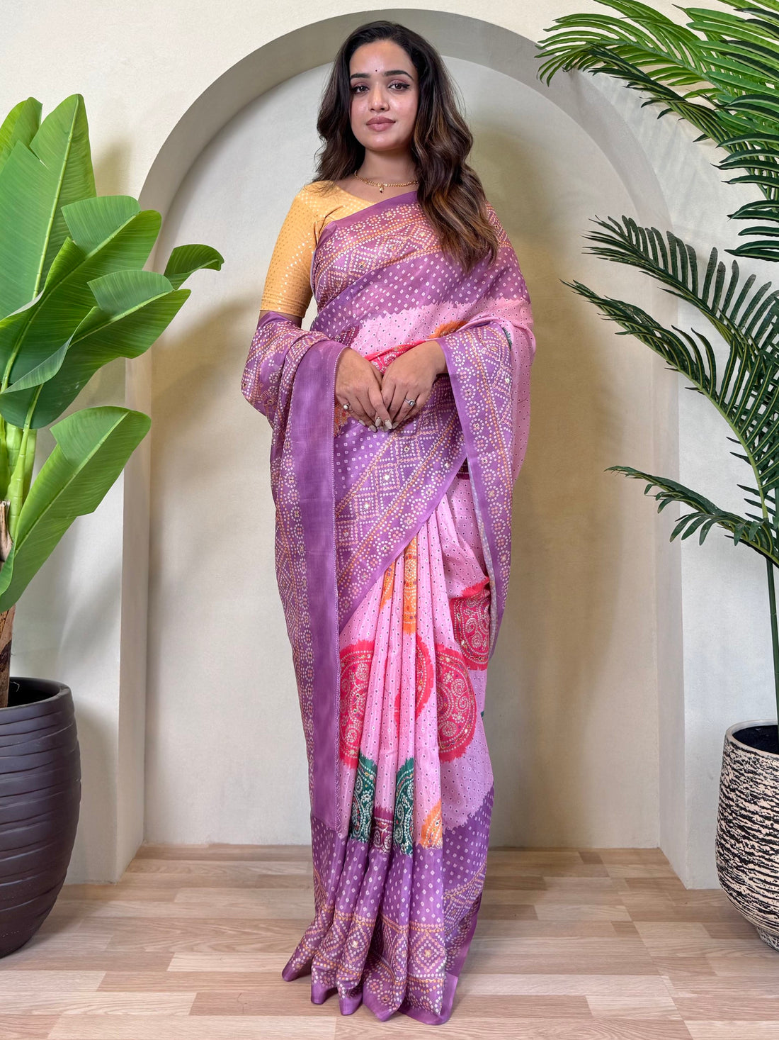 Awesome Lavender Bandhni Printed Tissue Silk Saree With Yellow Blouse