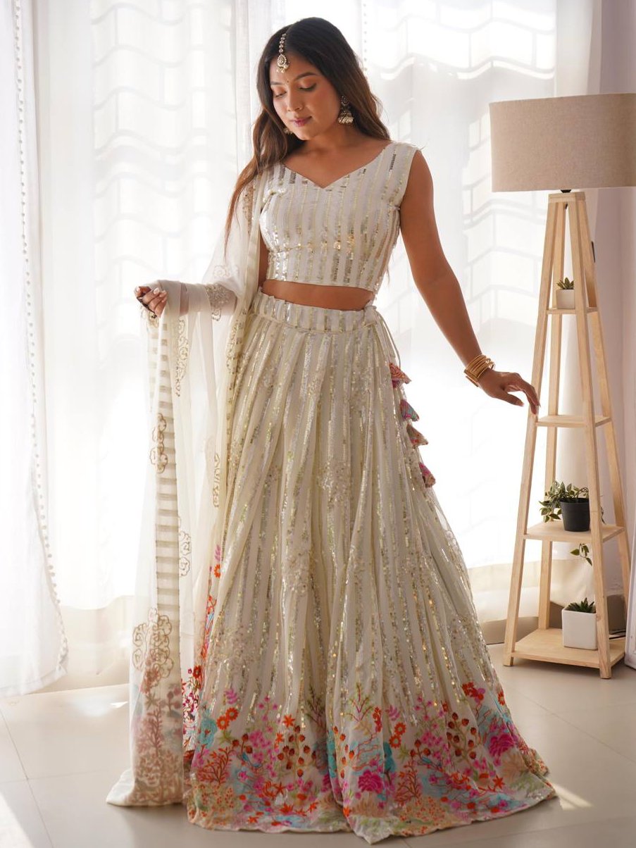 Rich White Sequins Georgette Party Wear Lehenga Choli With Dupatta