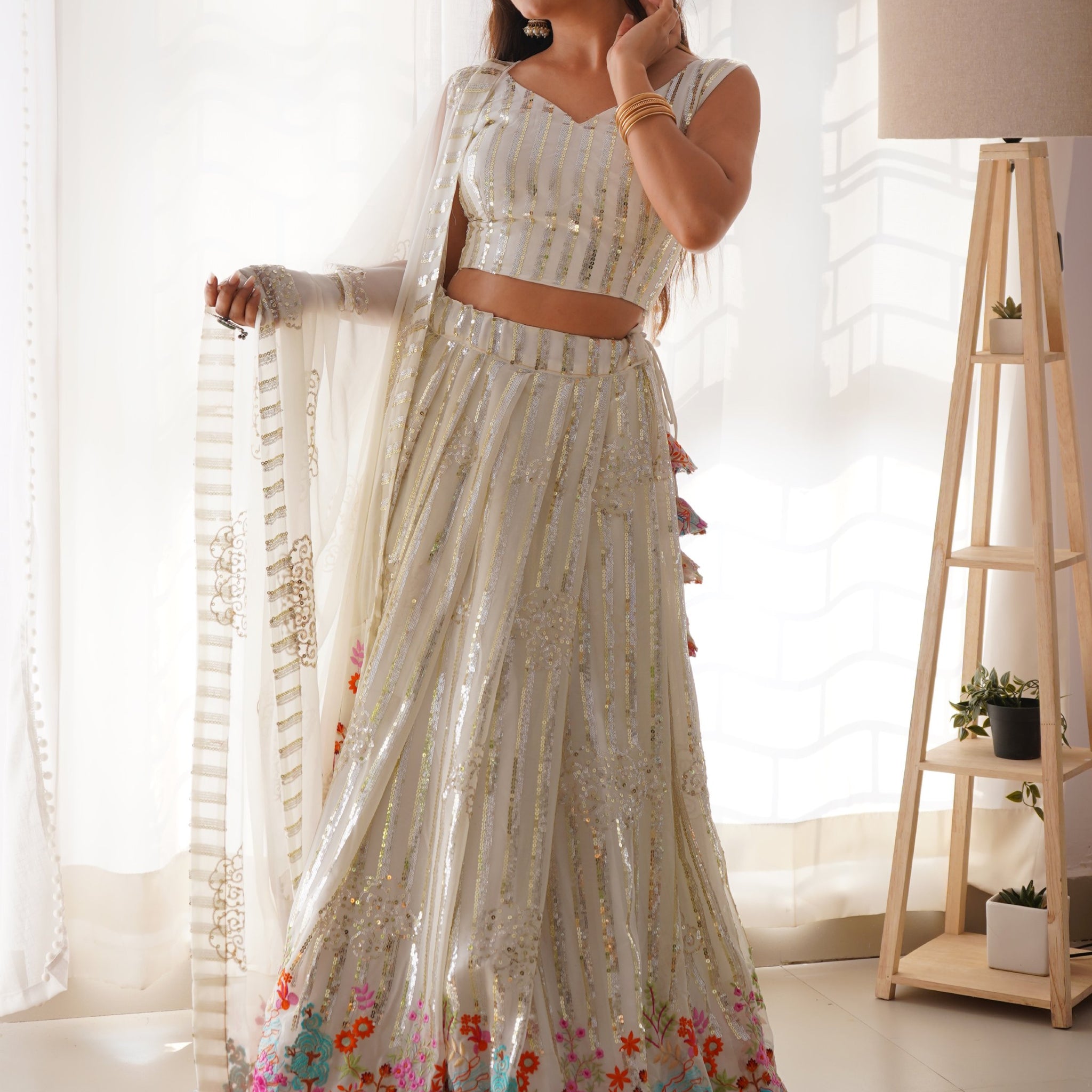 Rich White Sequins Georgette Party Wear Lehenga Choli With Dupatta