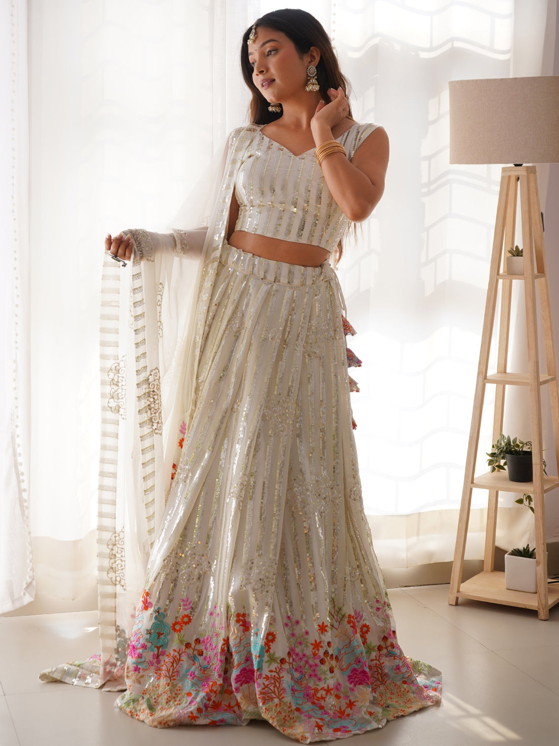 Rich White Sequins Georgette Party Wear Lehenga Choli With Dupatta
