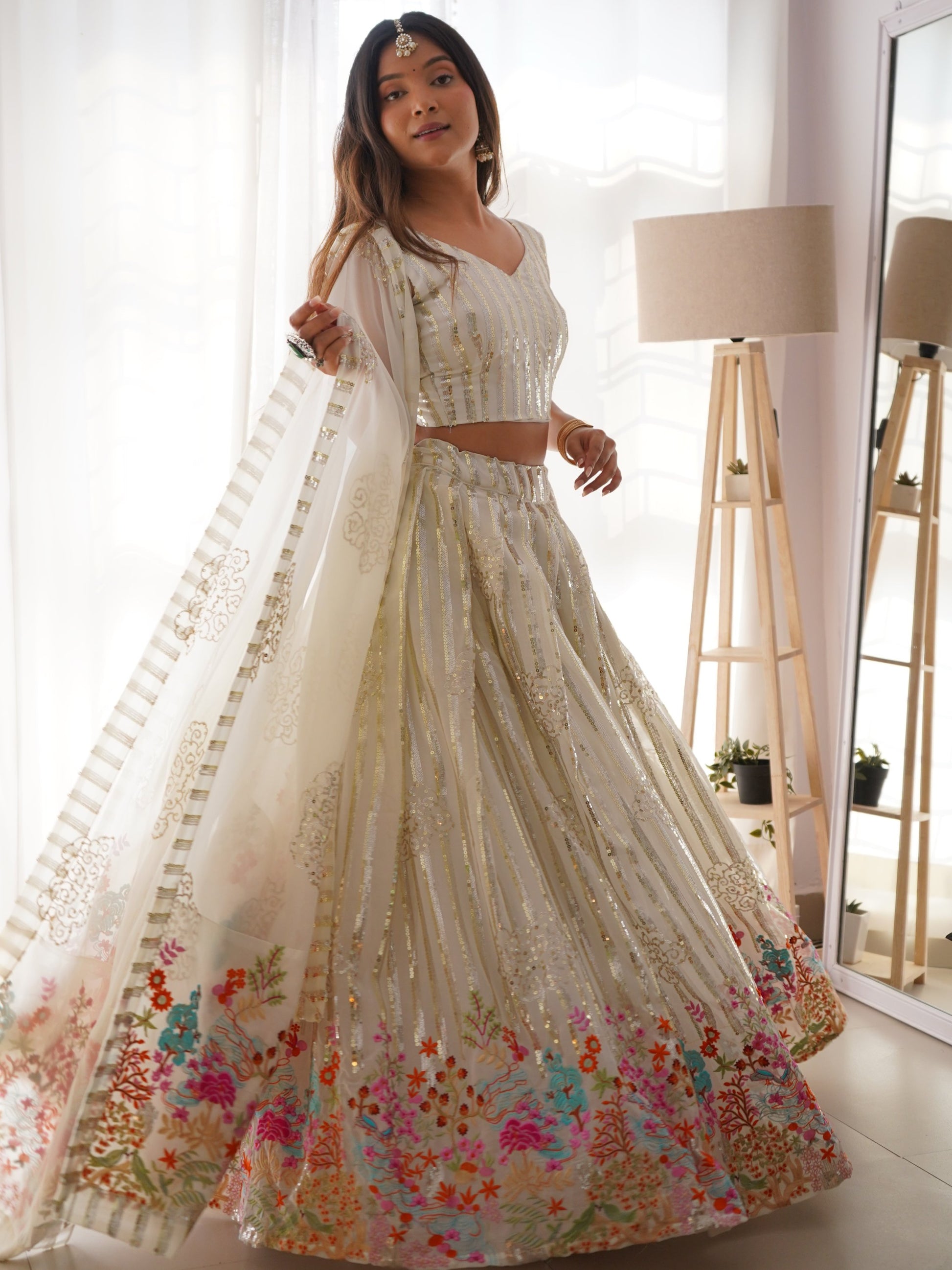 Rich White Sequins Georgette Party Wear Lehenga Choli With Dupatta