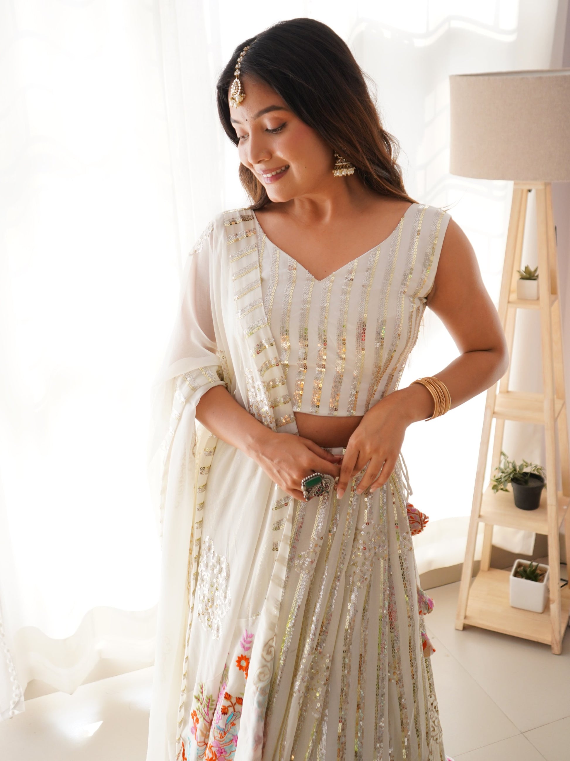 Rich White Sequins Georgette Party Wear Lehenga Choli With Dupatta