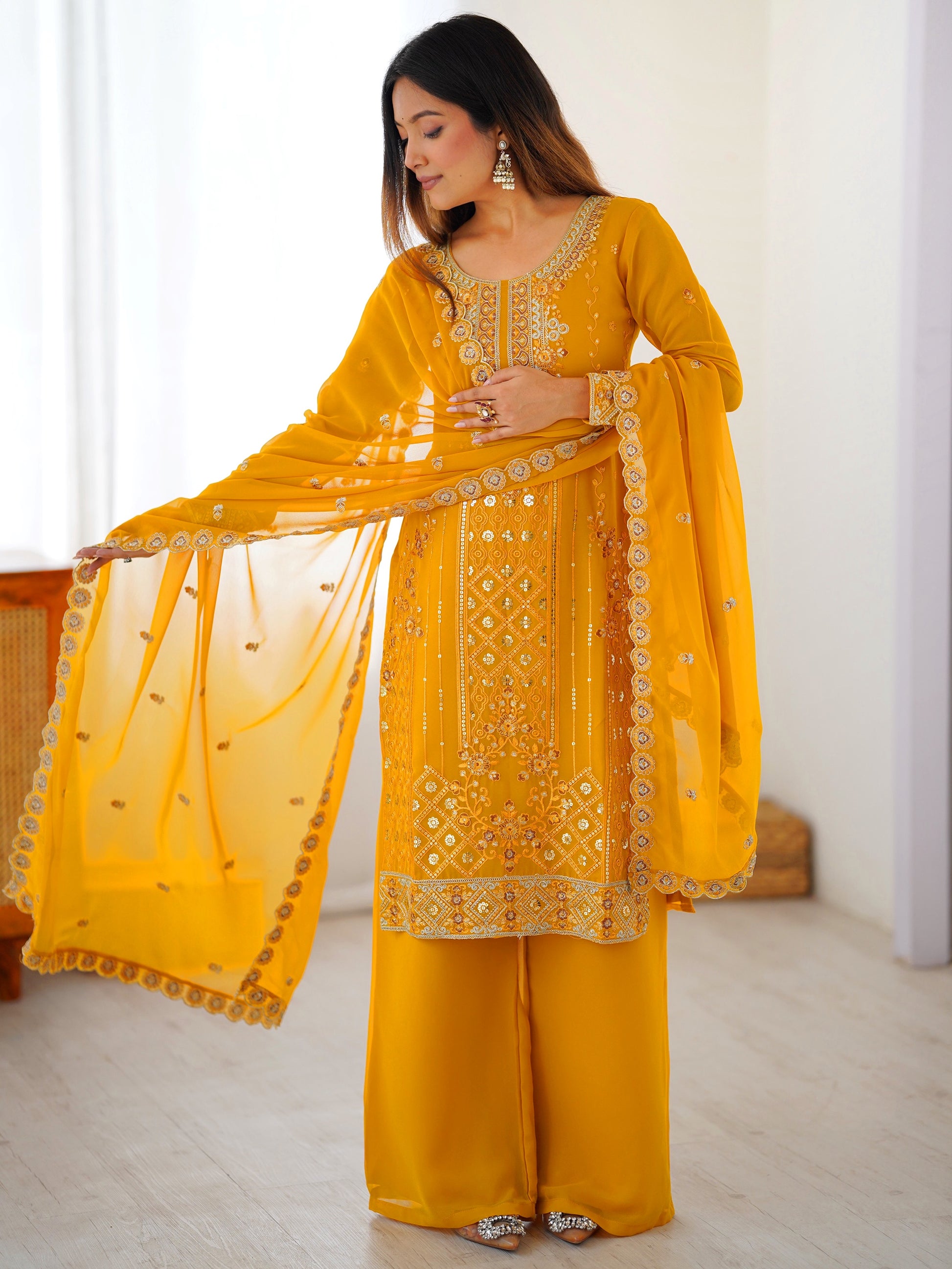 Glamorous Yellow Sequin Work Georgette Festival Wear Suit With Dupatta