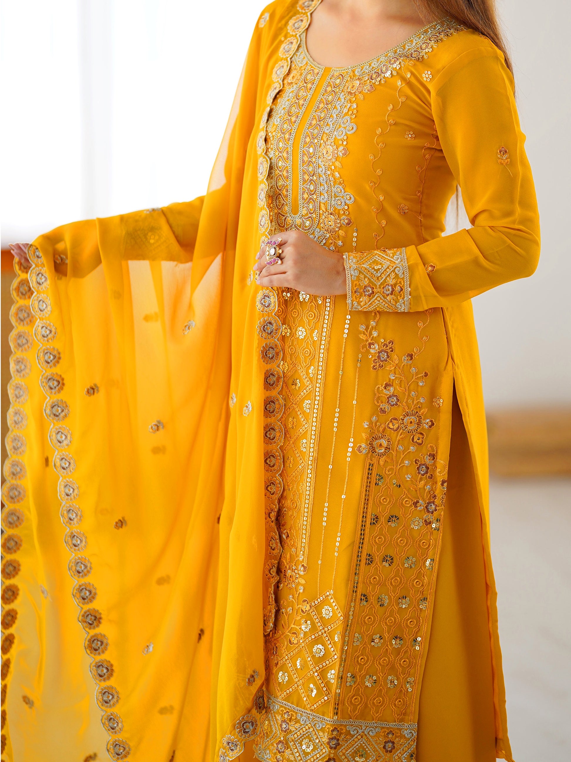 Glamorous Yellow Sequin Work Georgette Festival Wear Suit With Dupatta