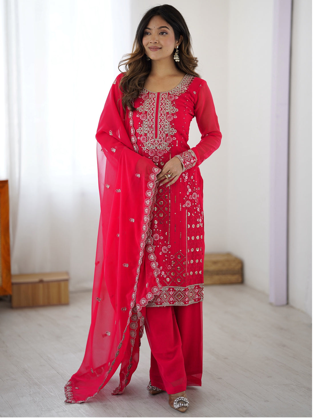 Awesome Dark Pink Embroidery Georgette Wedding Wear Suit With Dupatta