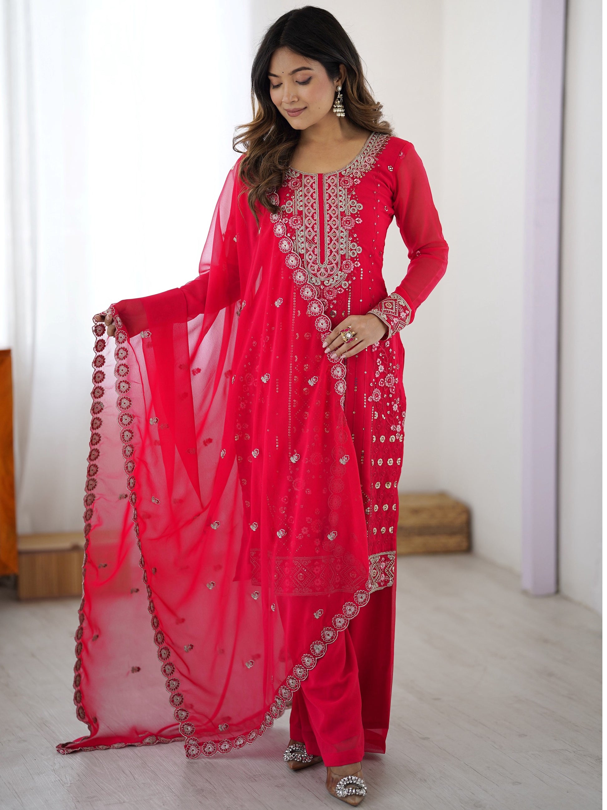 Awesome Dark Pink Embroidery Georgette Wedding Wear Suit With Dupatta