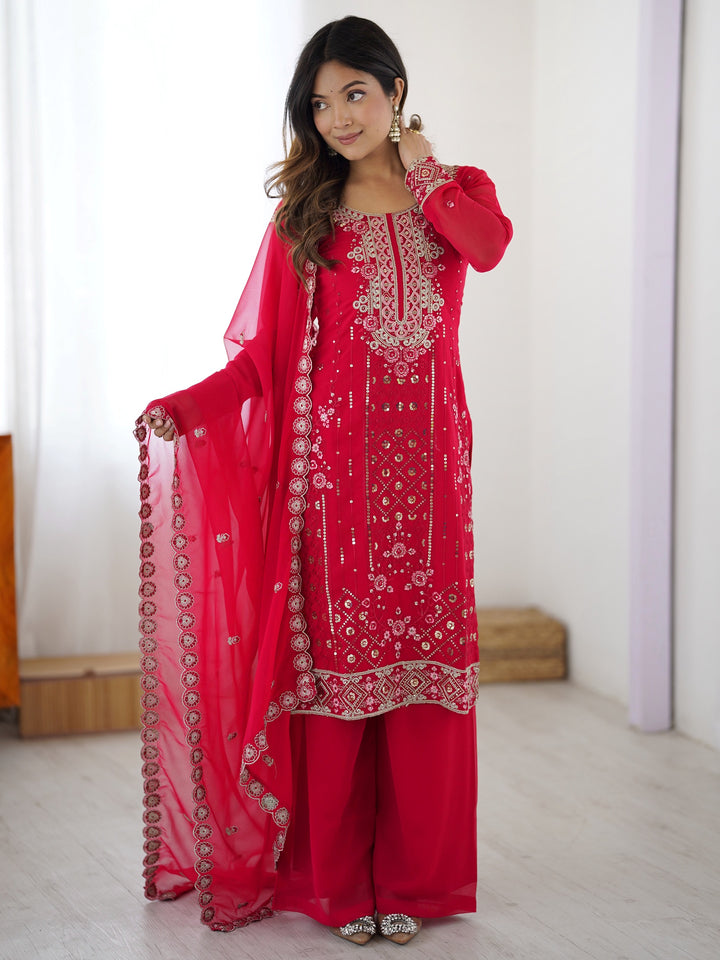 Awesome Dark Pink Embroidery Georgette Wedding Wear Suit With Dupatta