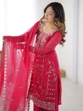 Awesome Dark Pink Embroidery Georgette Wedding Wear Suit With Dupatta