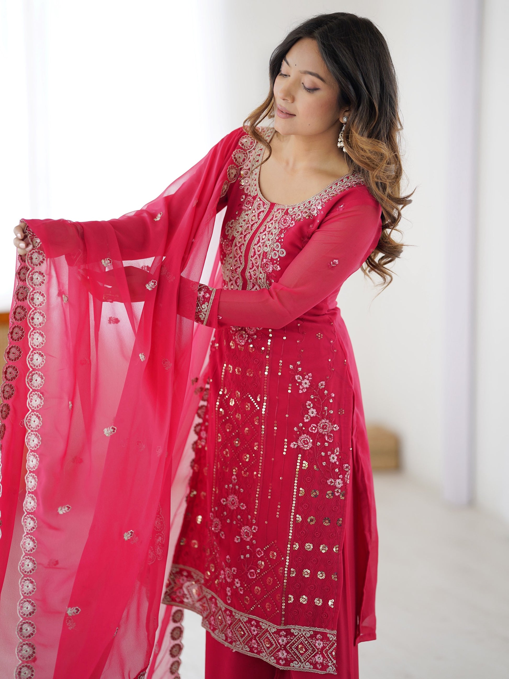 Awesome Dark Pink Embroidery Georgette Wedding Wear Suit With Dupatta