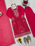 Awesome Dark Pink Embroidery Georgette Wedding Wear Suit With Dupatta
