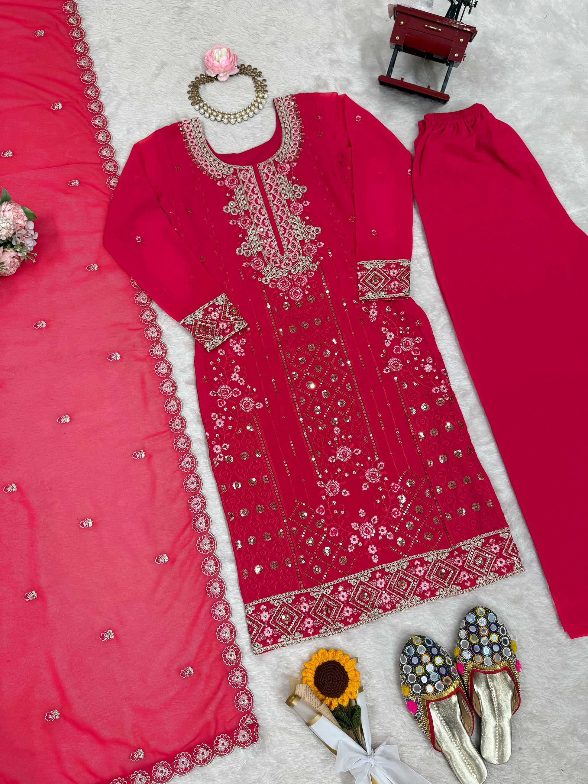 Awesome Dark Pink Embroidery Georgette Wedding Wear Suit With Dupatta