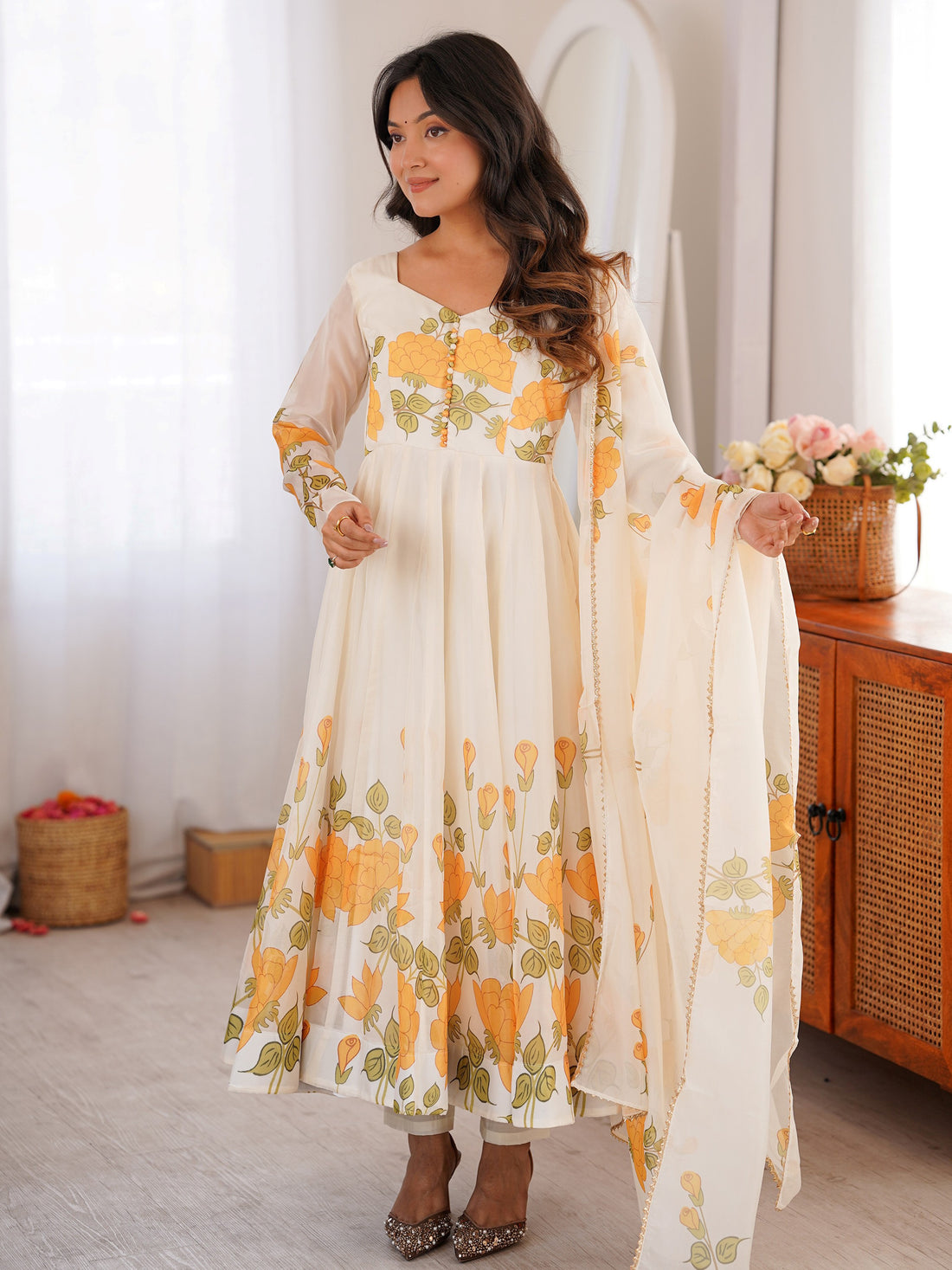 Fabulous White Floral Printed Organza Anarkali Suit With Dupatta