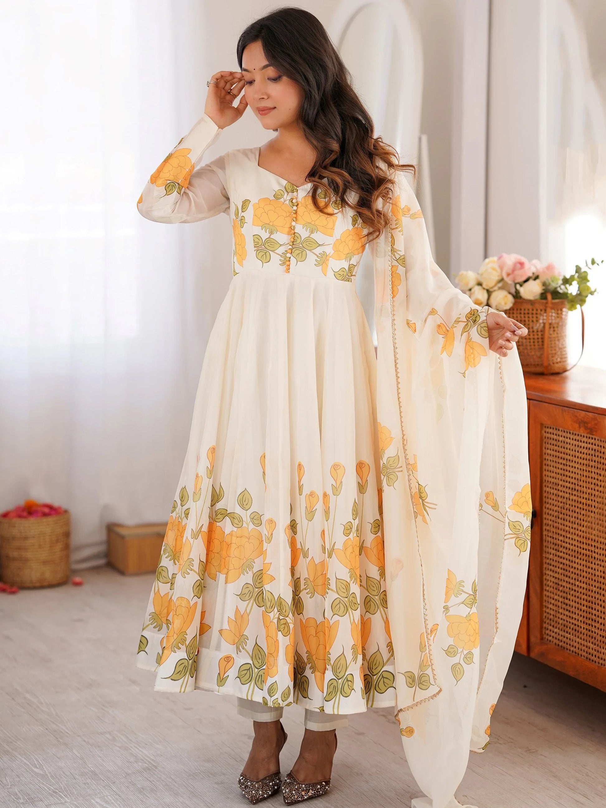 Fabulous White Floral Printed Organza Anarkali Suit With Dupatta