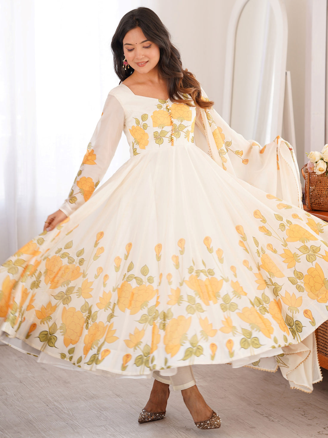 Fabulous White Floral Printed Organza Anarkali Suit With Dupatta