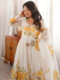 Fabulous White Floral Printed Organza Anarkali Suit With Dupatta