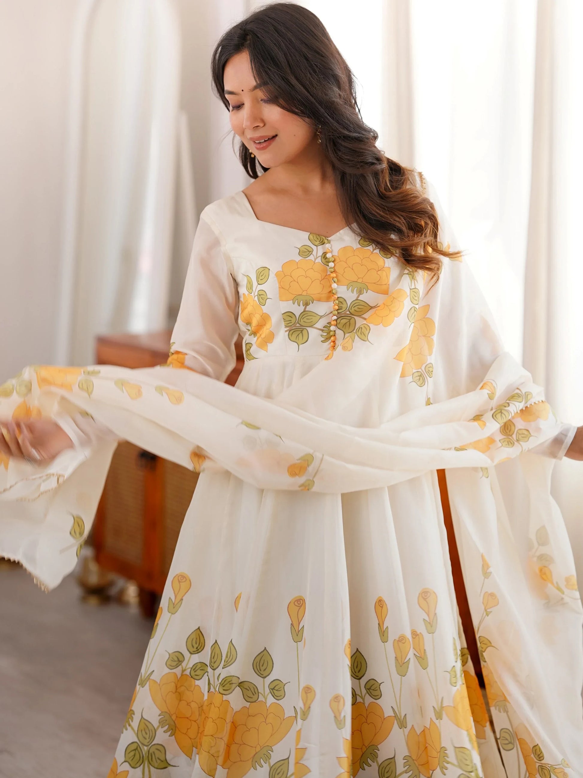 Fabulous White Floral Printed Organza Anarkali Suit With Dupatta