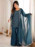 Stunning Teal Blue Embroidered Silk Function Wear Suit With Dupatta