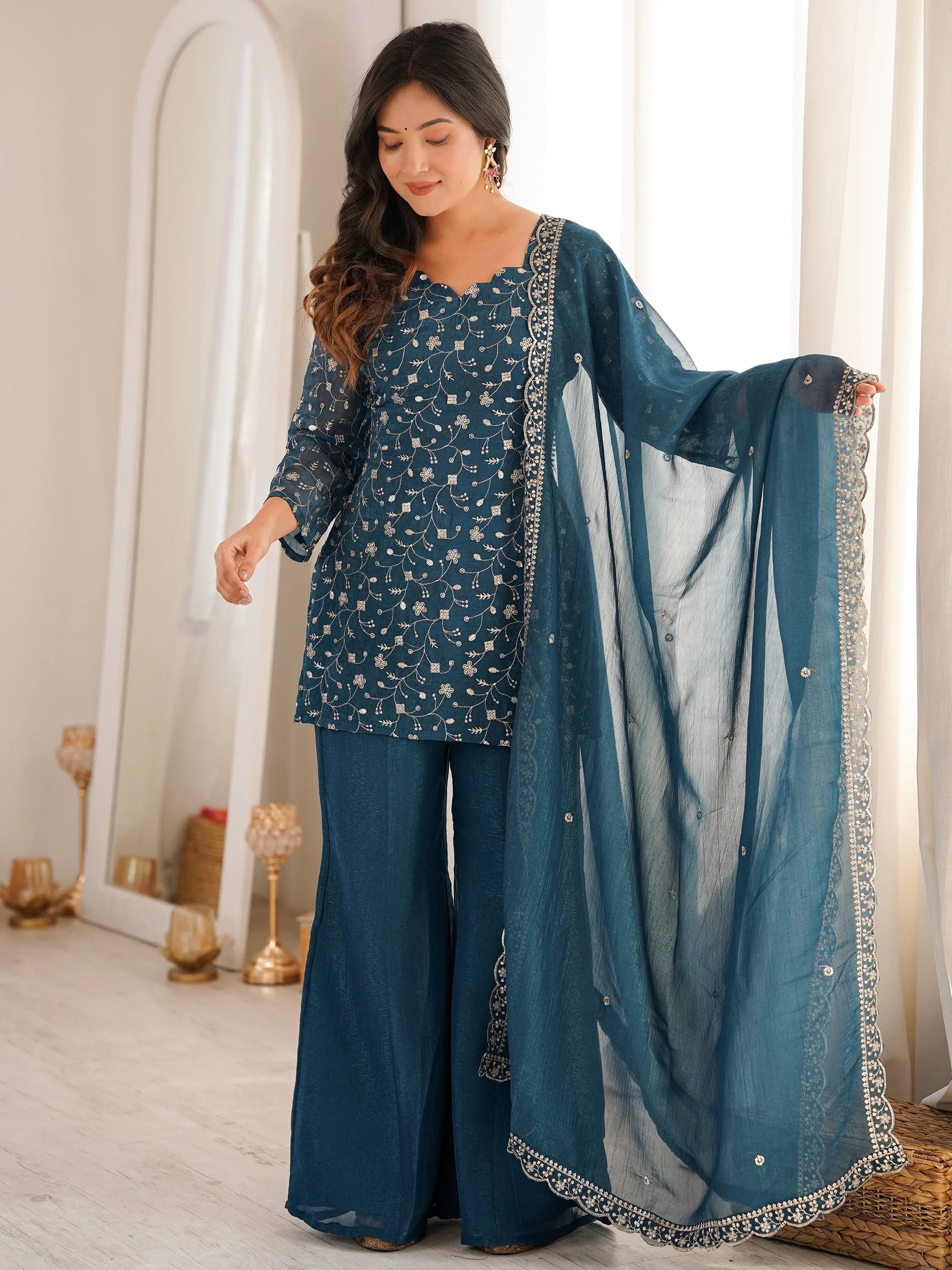 Stunning Teal Blue Embroidered Silk Function Wear Suit With Dupatta
