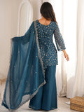 Stunning Teal Blue Embroidered Silk Function Wear Suit With Dupatta