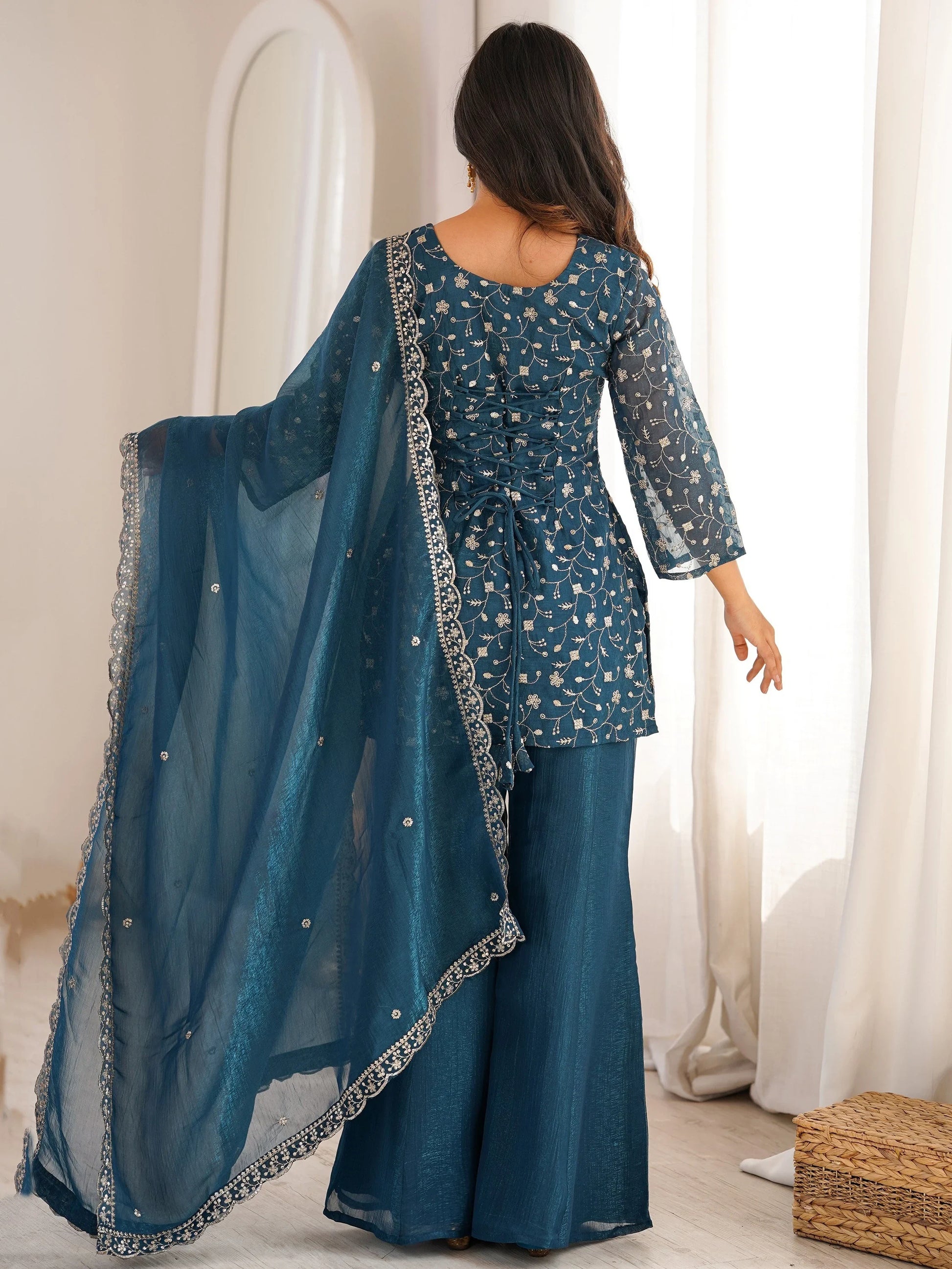 Stunning Teal Blue Embroidered Silk Function Wear Suit With Dupatta
