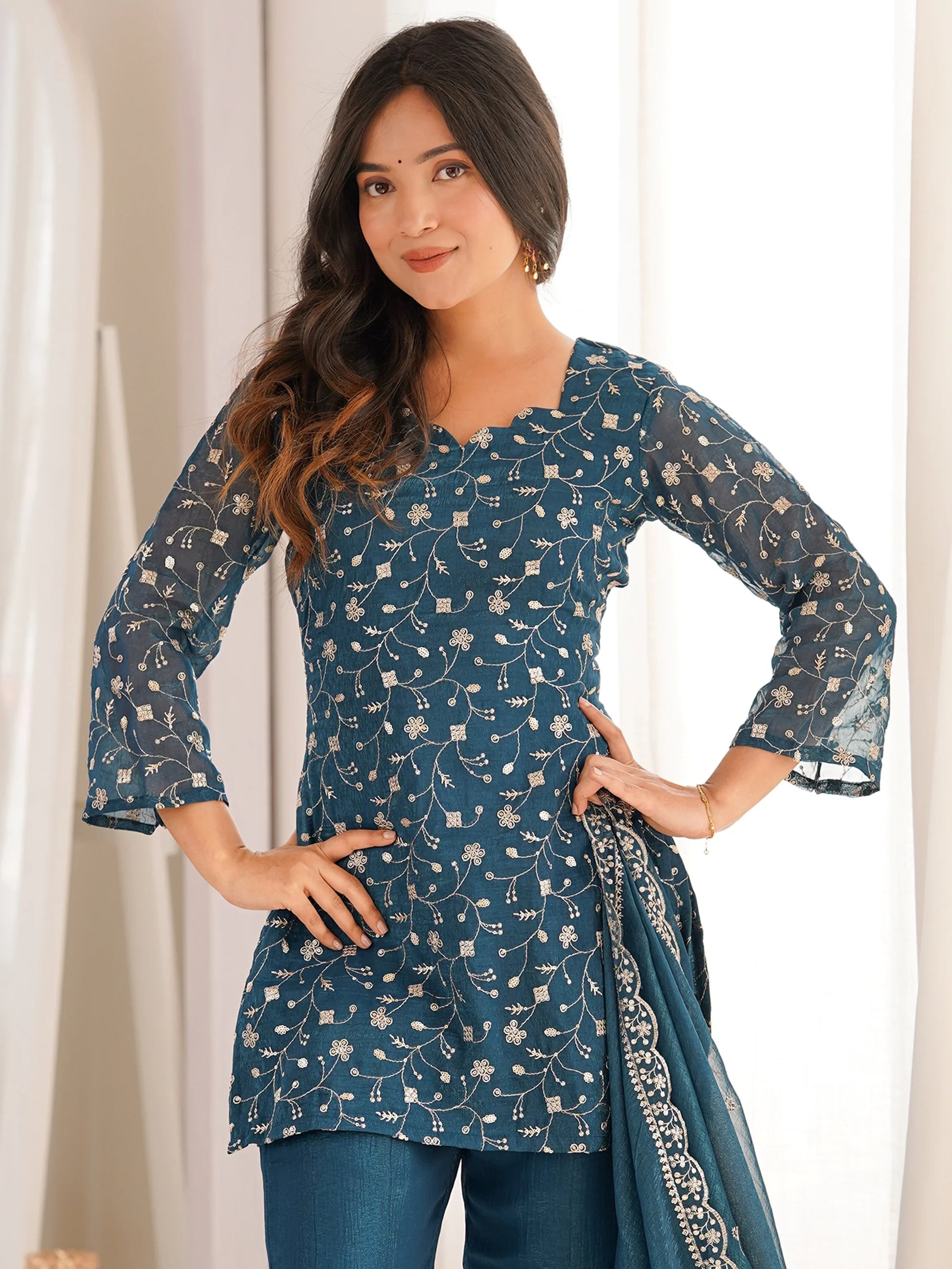 Stunning Teal Blue Embroidered Silk Function Wear Suit With Dupatta