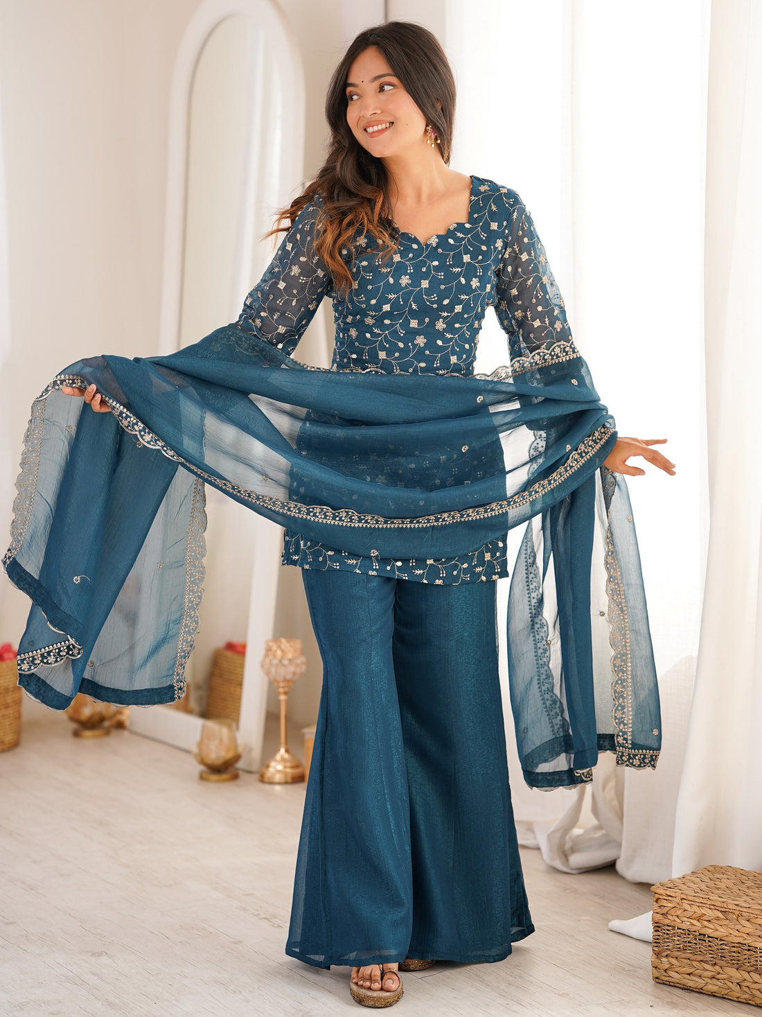 Stunning Teal Blue Embroidered Silk Function Wear Suit With Dupatta