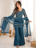 Stunning Teal Blue Embroidered Silk Function Wear Suit With Dupatta