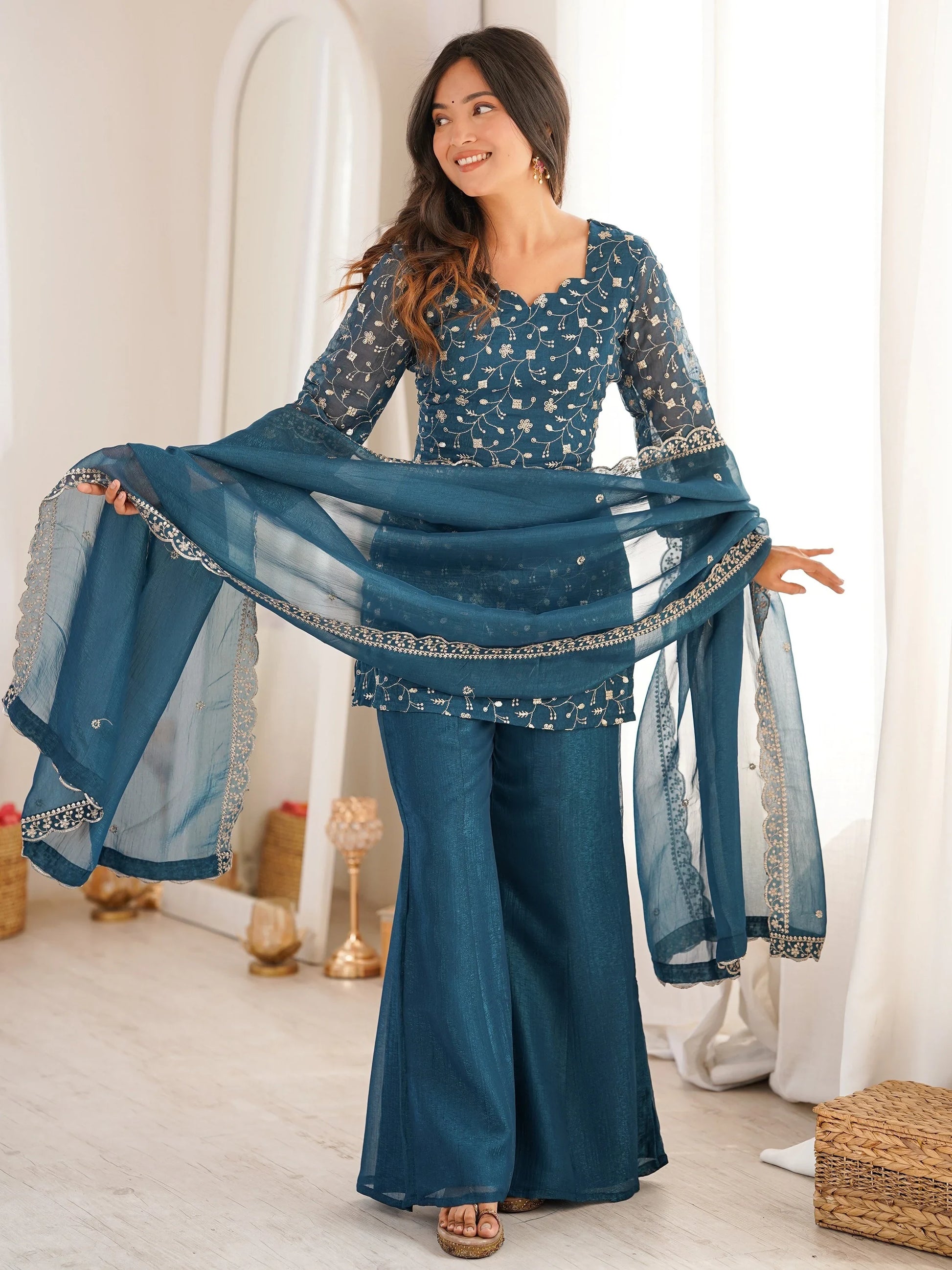 Stunning Teal Blue Embroidered Silk Function Wear Suit With Dupatta