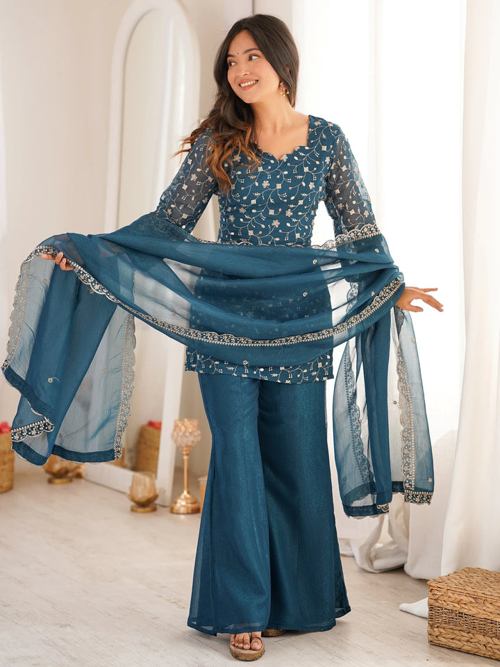 Stunning Teal Blue Embroidered Silk Function Wear Suit With Dupatta