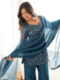 Stunning Teal Blue Embroidered Silk Function Wear Suit With Dupatta