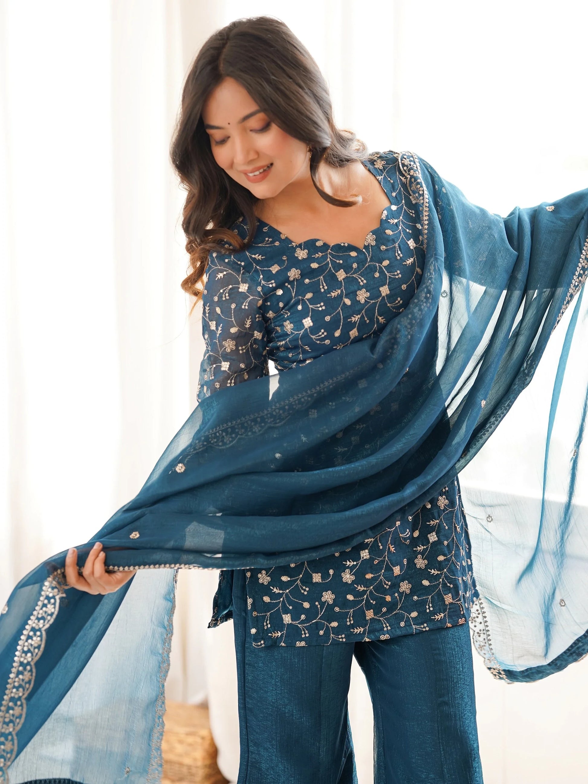 Stunning Teal Blue Embroidered Silk Function Wear Suit With Dupatta