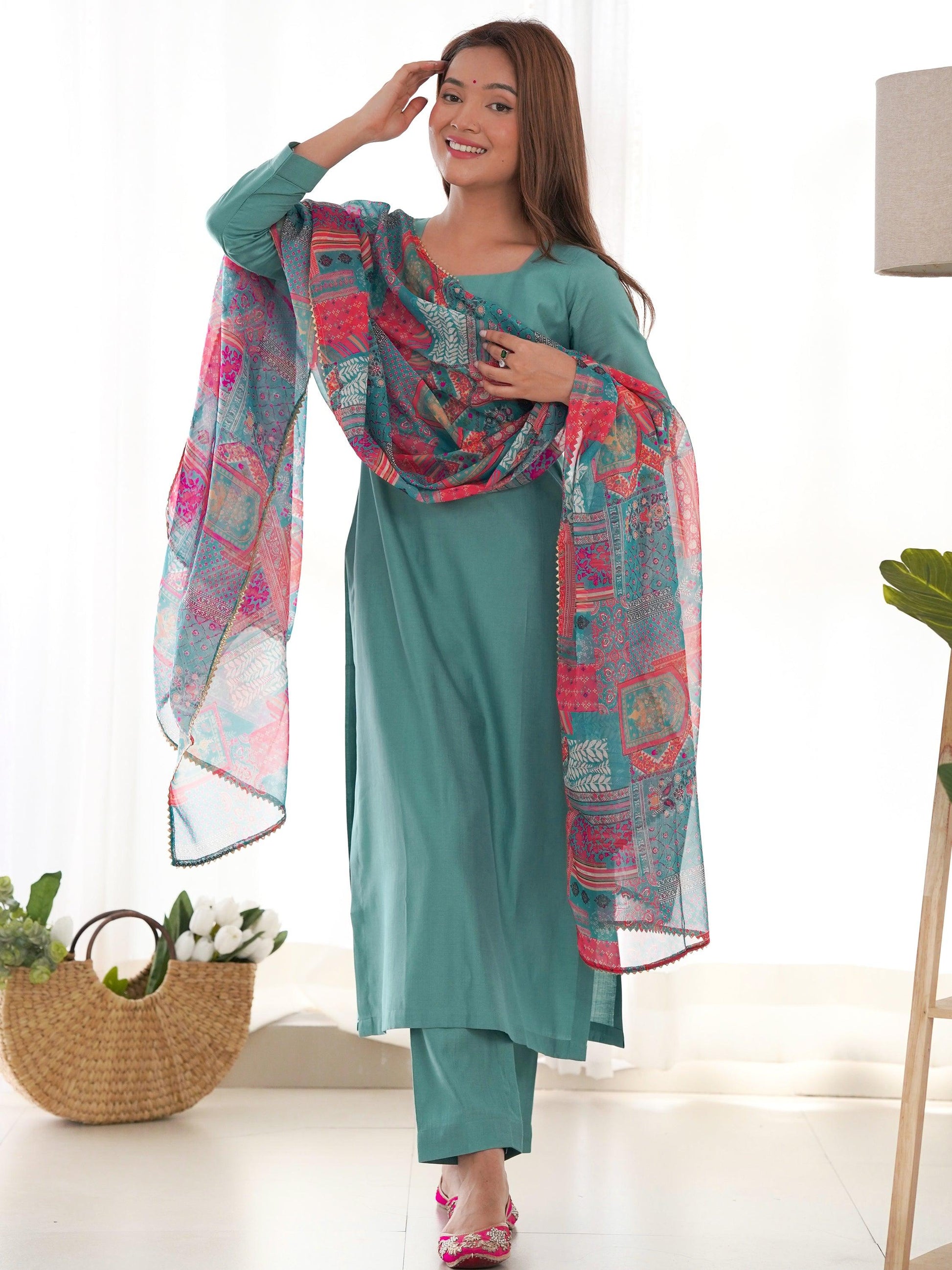 Amazing Sea Green Cotton Festival Wear Straight Kurta With Pant