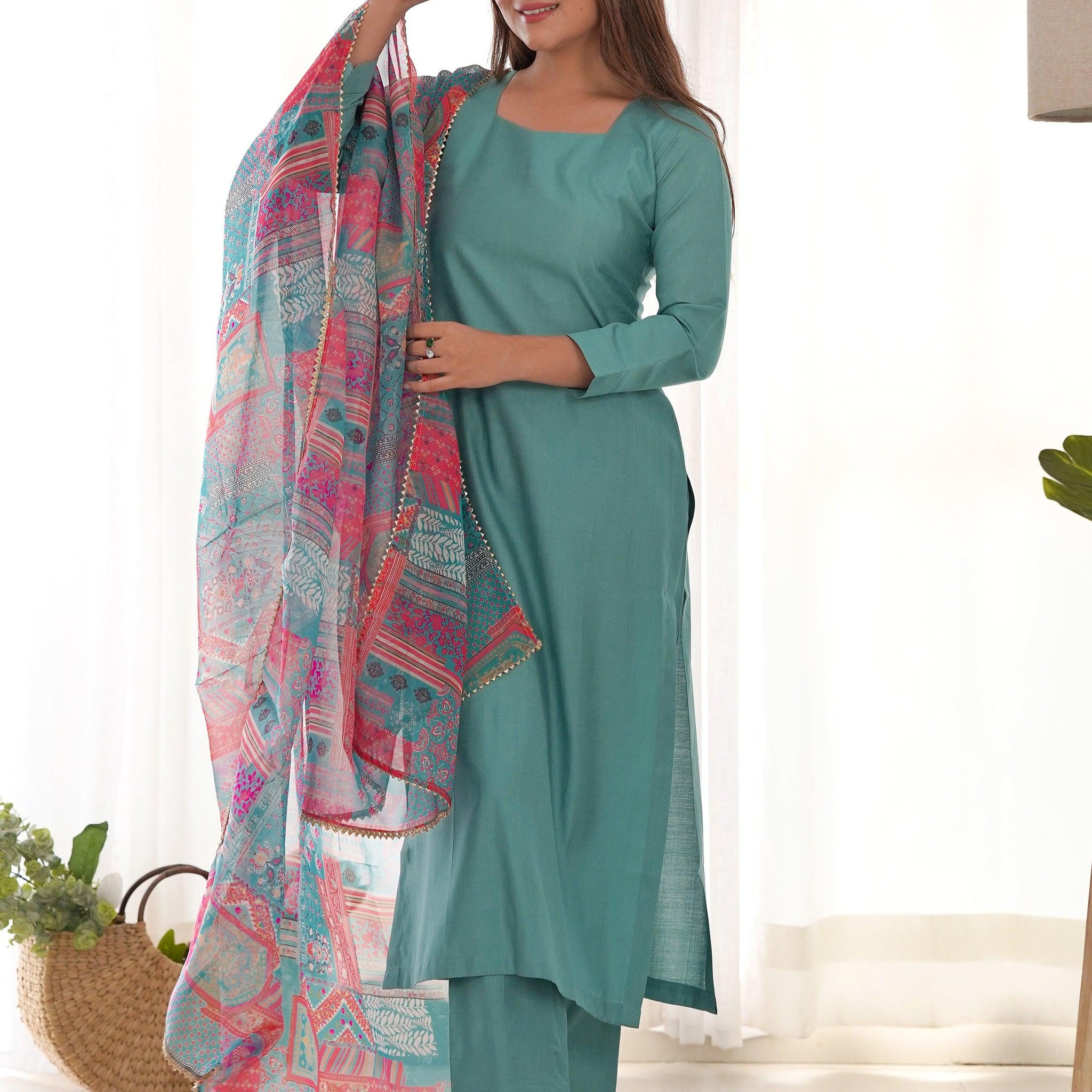 Amazing Sea Green Cotton Festival Wear Straight Kurta With Pant