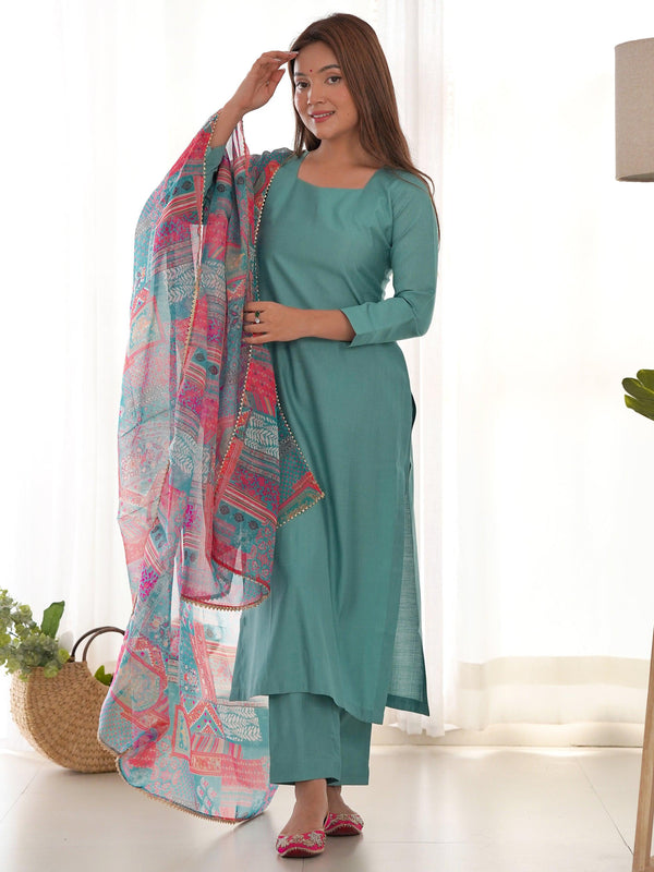 Amazing Sea Green Cotton Festival Wear Straight Kurta With Pant