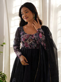 Adorable Black Floral Printed Organza Traditional Anarkali Suit