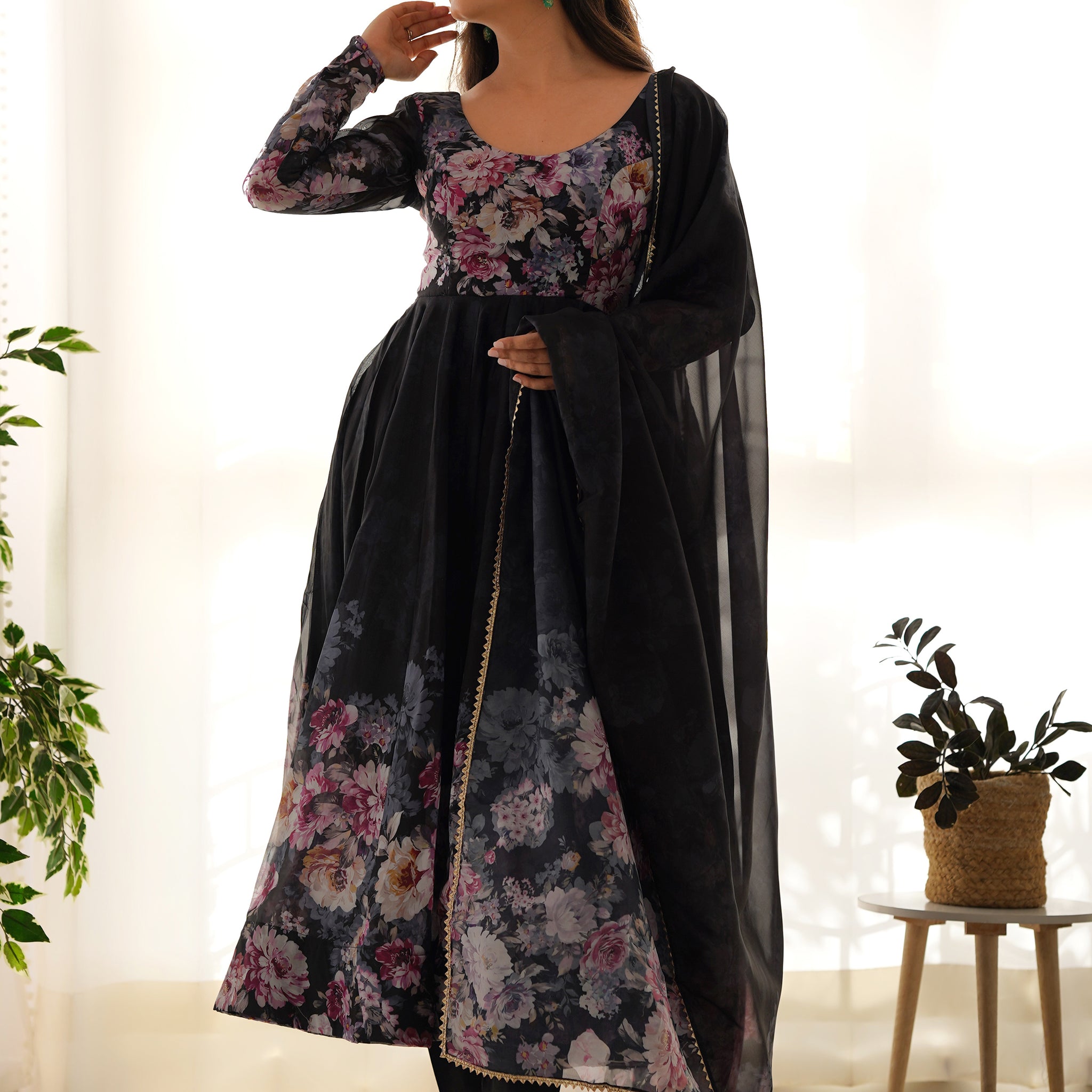 Adorable Black Floral Printed Organza Traditional Anarkali Suit