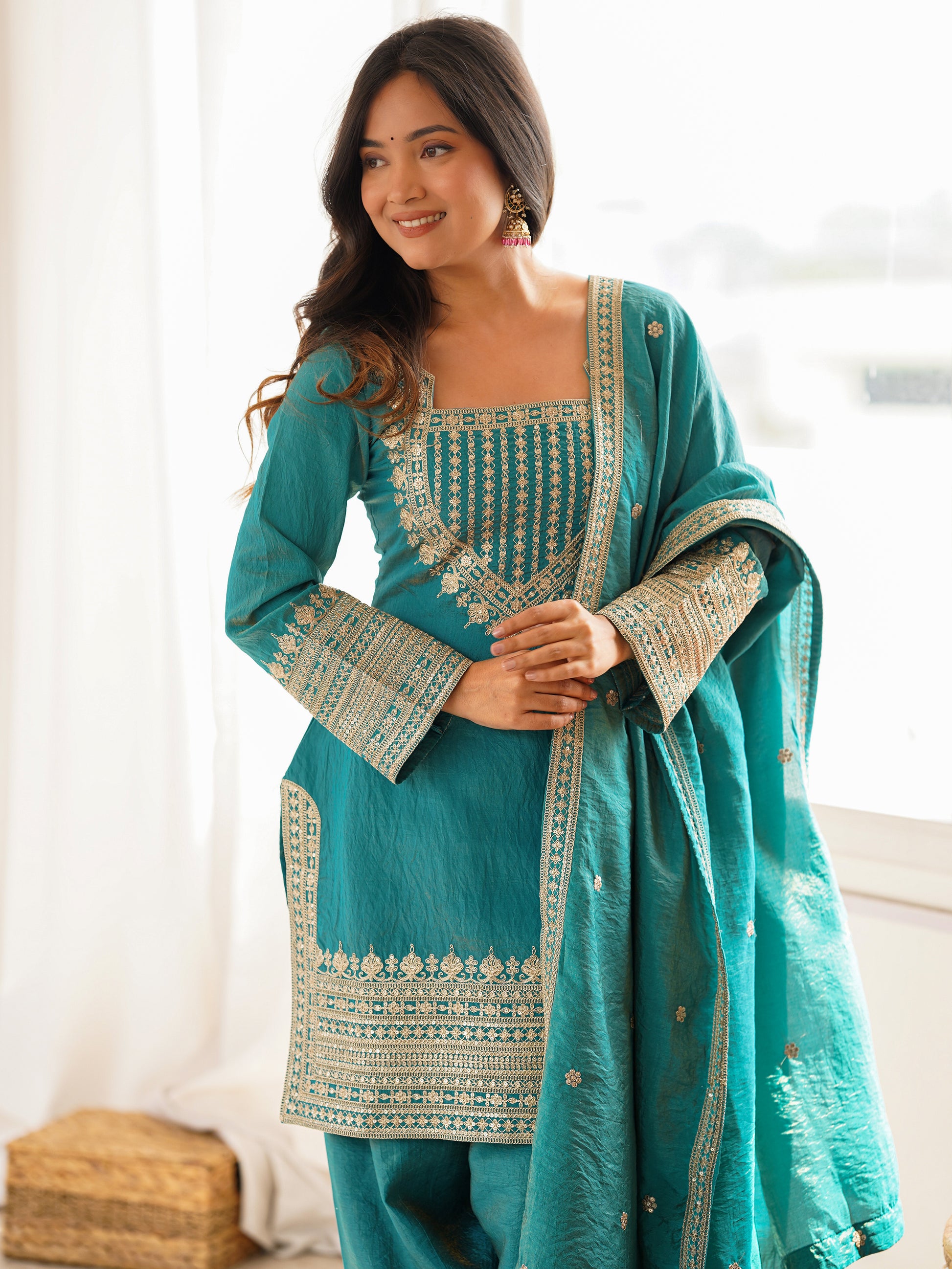 Marvelous Blue Sequins Silk Festival Wear Salwar Kameez With Dupatta