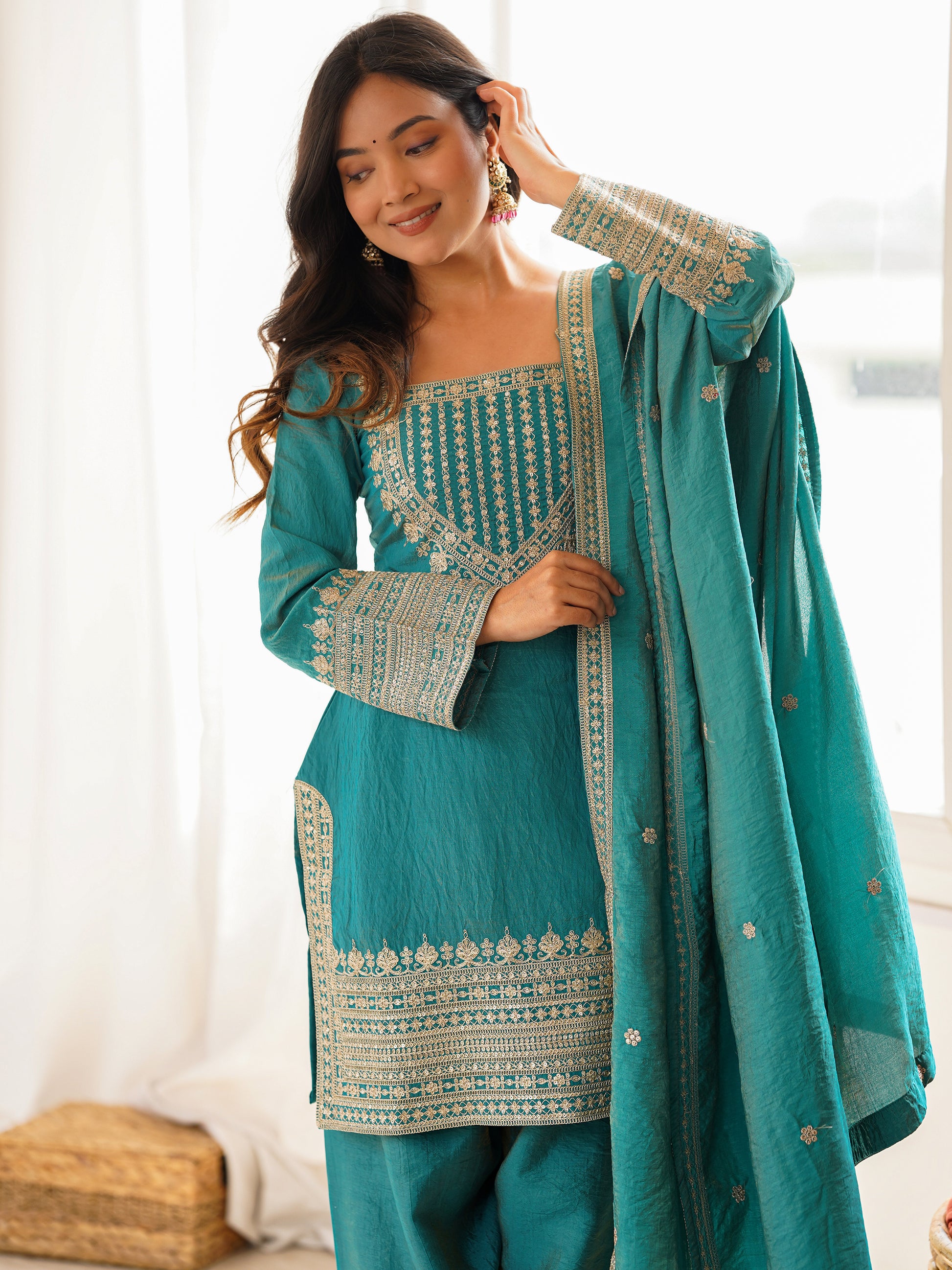 Marvelous Blue Sequins Silk Festival Wear Salwar Kameez With Dupatta
