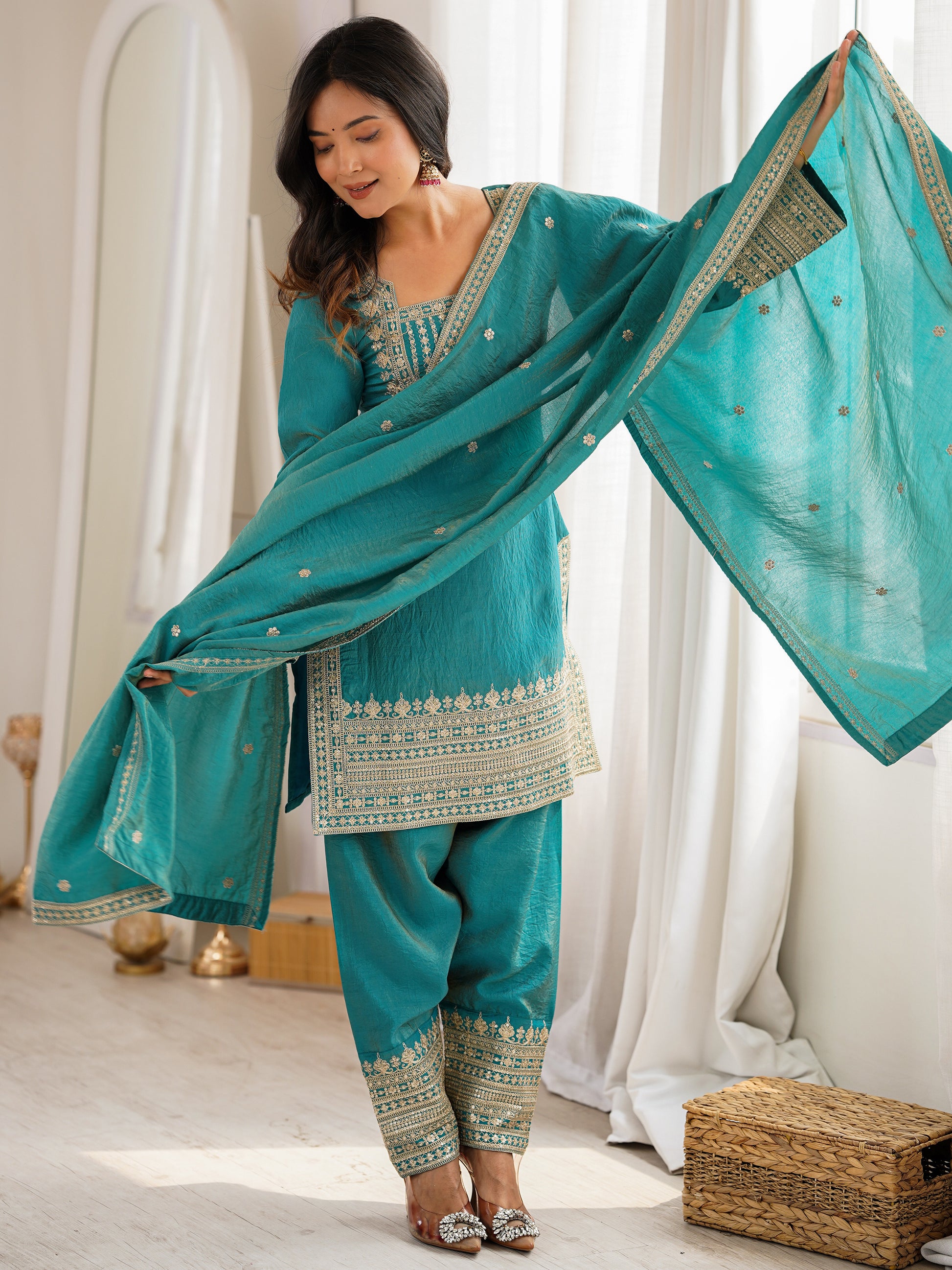 Marvelous Blue Sequins Silk Festival Wear Salwar Kameez With Dupatta