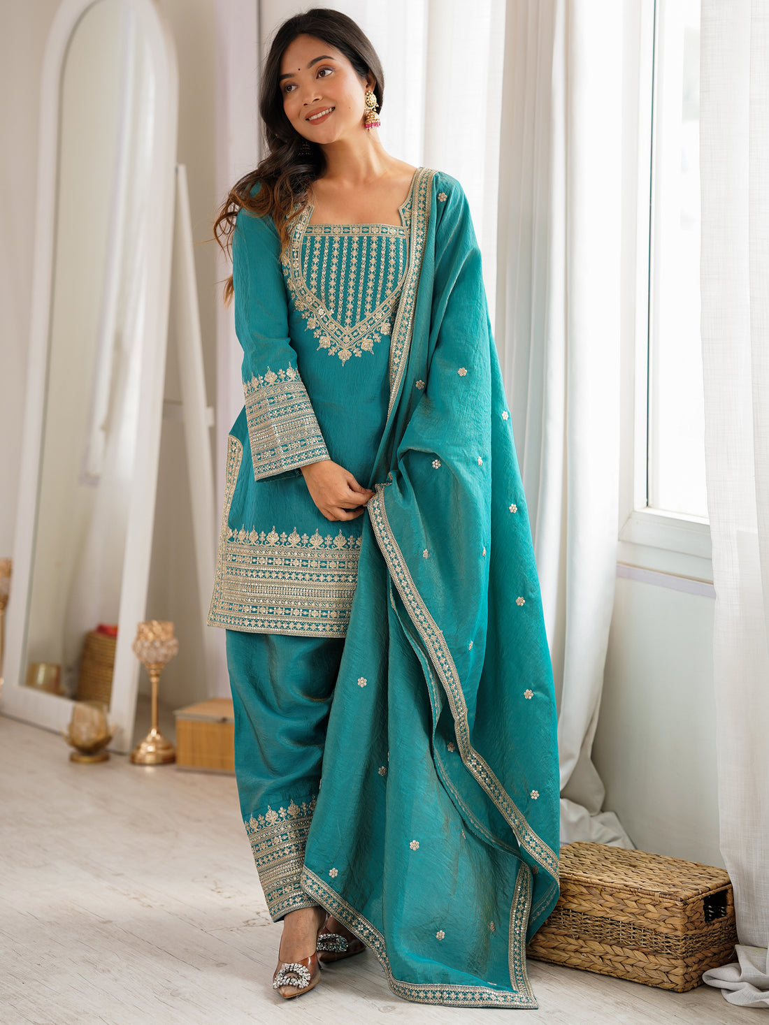 Marvelous Blue Sequins Silk Festival Wear Salwar Kameez With Dupatta