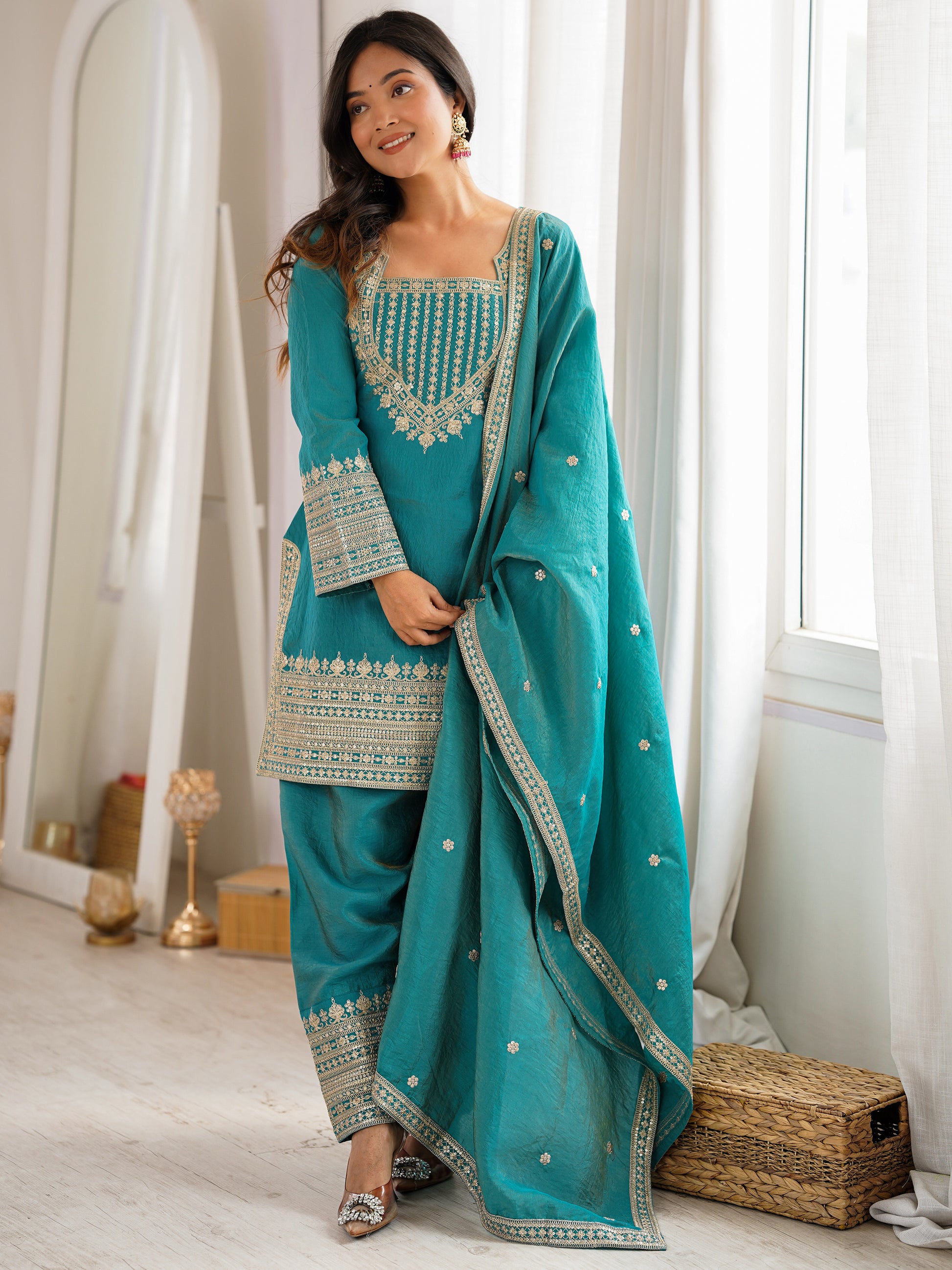 Marvelous Blue Sequins Silk Festival Wear Salwar Kameez With Dupatta