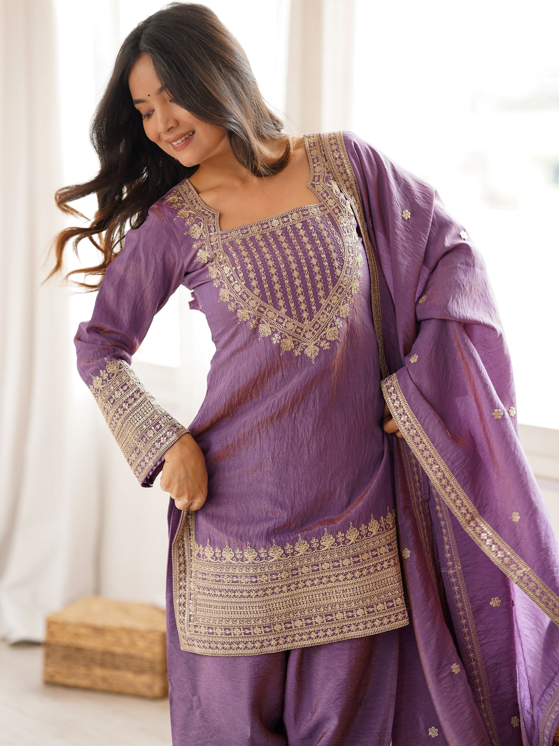 Stunning Lavender Embroidered Silk Function Wear Salwar Kameez With Dupatta