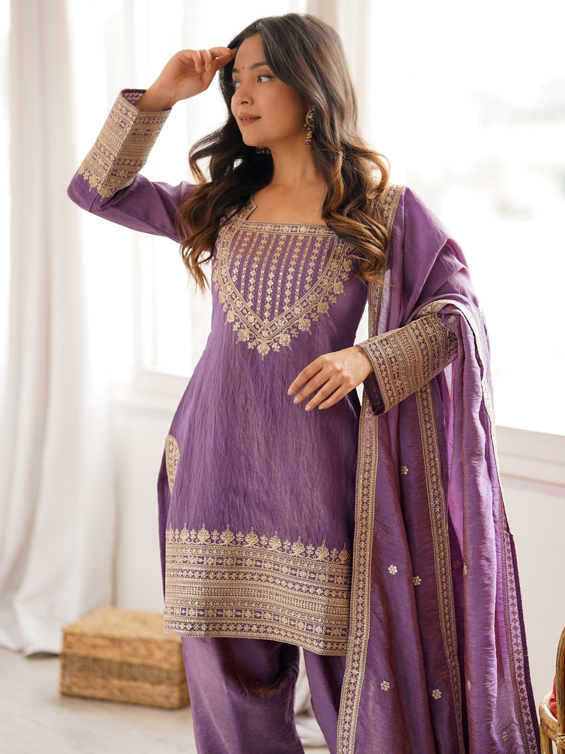 Stunning Lavender Embroidered Silk Function Wear Salwar Kameez With Dupatta
