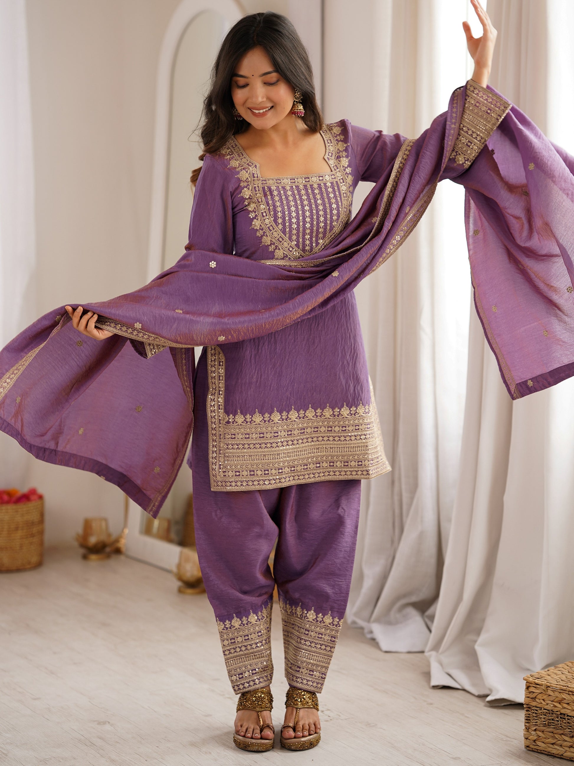 Stunning Lavender Embroidered Silk Function Wear Salwar Kameez With Dupatta