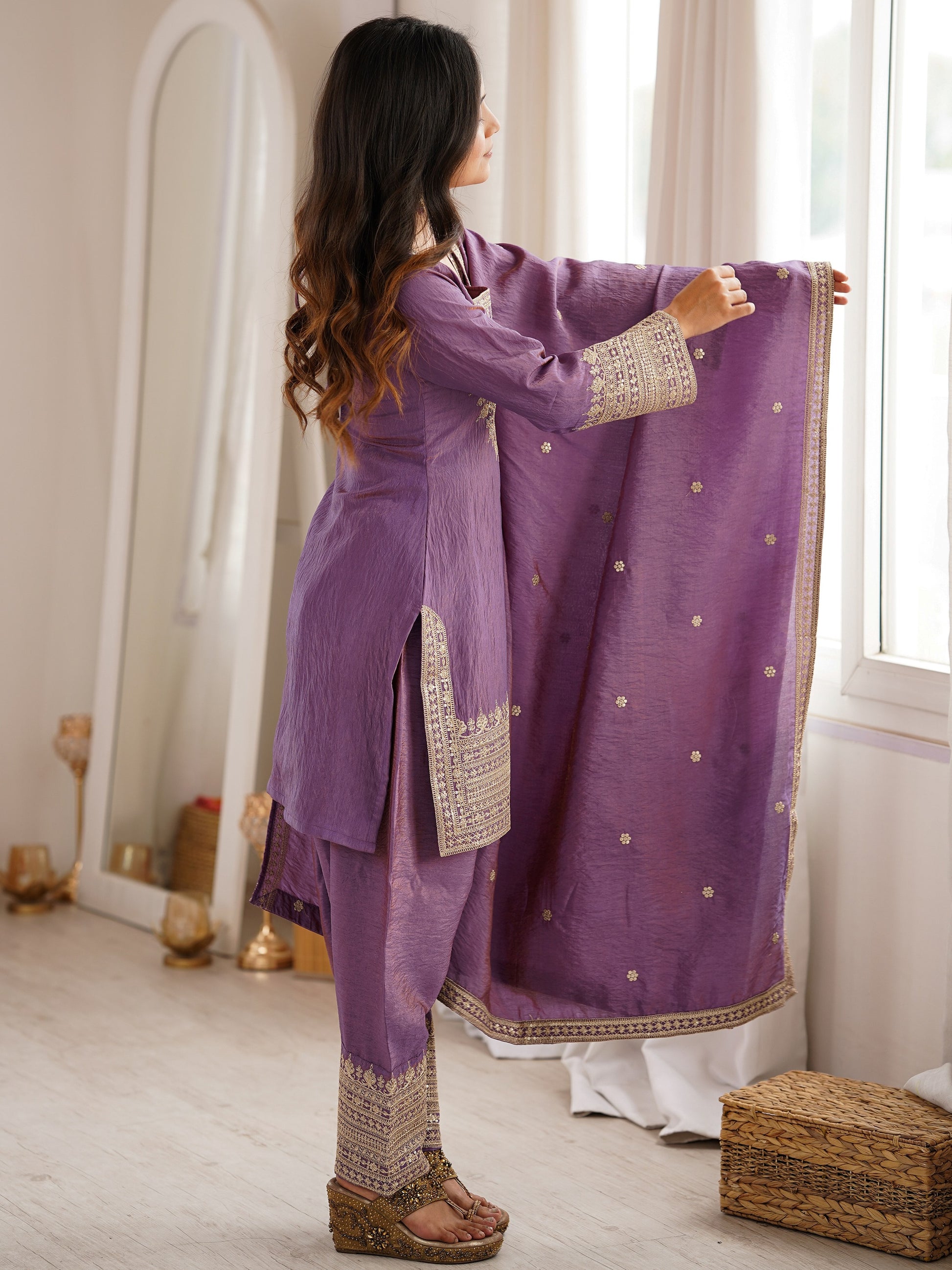 Stunning Lavender Embroidered Silk Function Wear Salwar Kameez With Dupatta