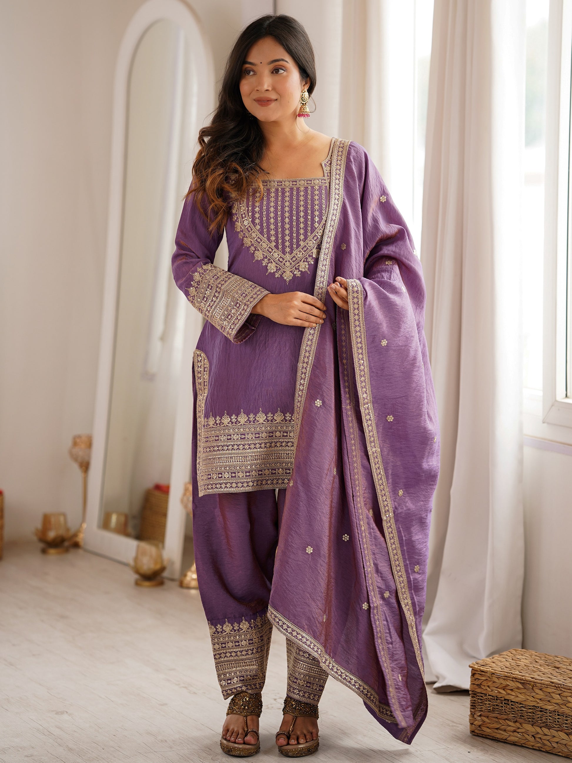 Stunning Lavender Embroidered Silk Function Wear Salwar Kameez With Dupatta